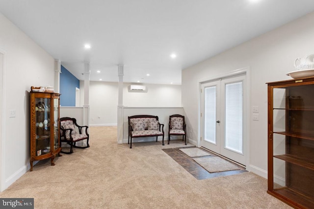 living area with recessed lighting, carpet flooring, baseboards, and french doors