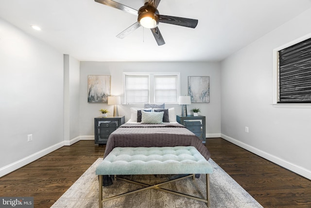 bedroom featuring baseboards, ceiling fan, recessed lighting, and wood finished floors