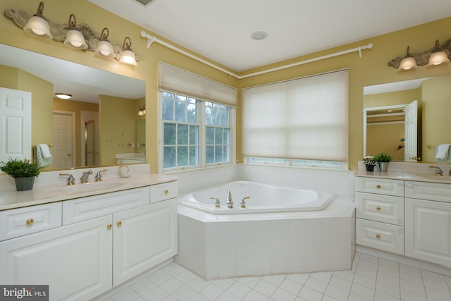 3 Firestone Ct, Skillman, NJ 08558 - bathroom with tile patterned floors, a bath, a shower stall, and two vanities