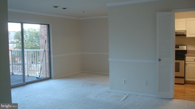 spare room with crown molding, baseboards, and light colored carpet