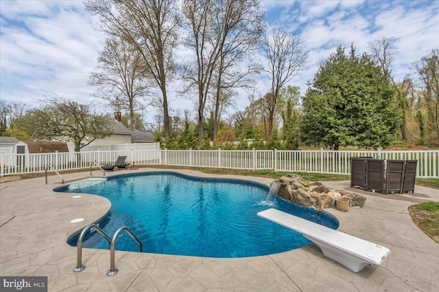view of swimming pool with a fenced backyard, a fenced in pool, and a patio area