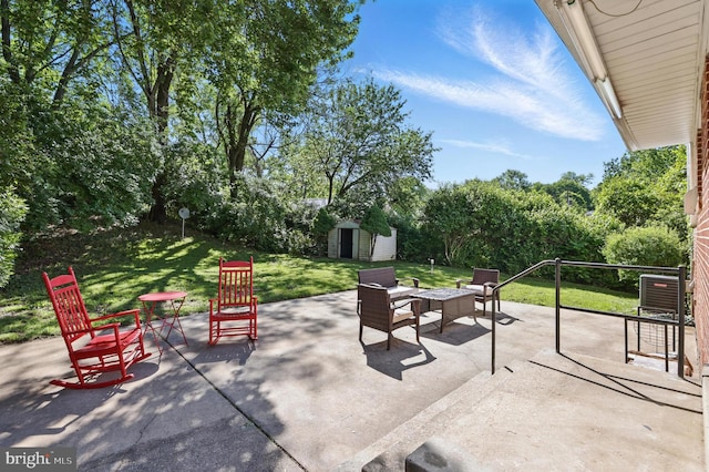 view of patio with a shed, an outdoor structure, and central AC unit