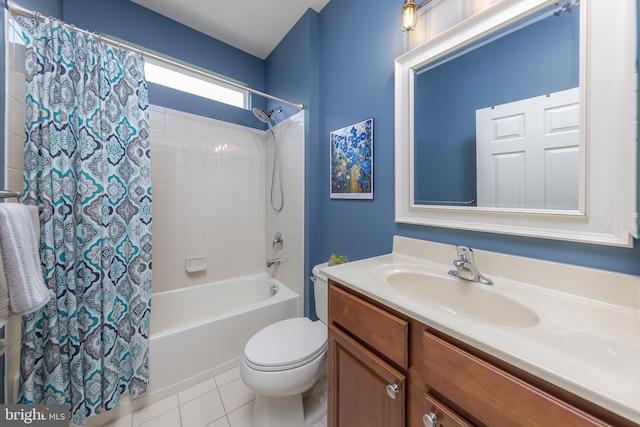 bathroom featuring vanity, shower / tub combo with curtain, tile patterned flooring, and toilet