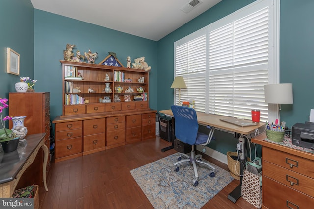 office featuring dark wood finished floors and visible vents