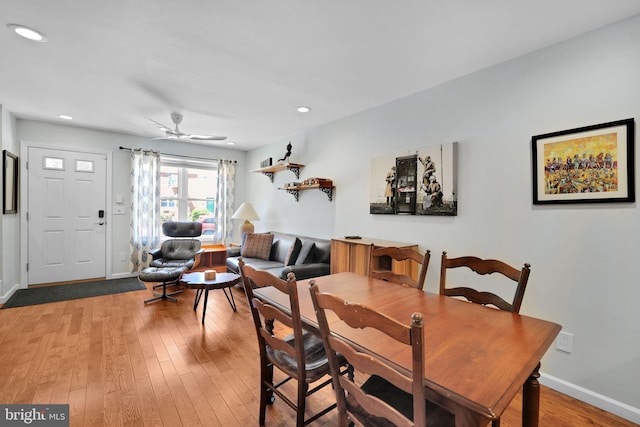 dining space featuring light wood-style floors, recessed lighting, baseboards, and ceiling fan