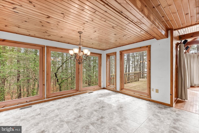 unfurnished dining area featuring wooden ceiling, a chandelier, light tile patterned flooring, and visible vents