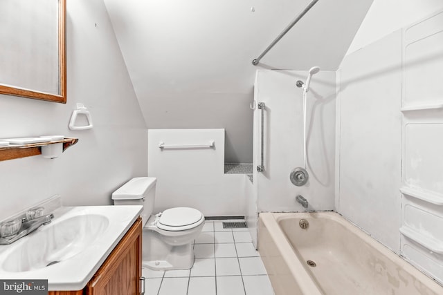 bathroom featuring vanity, toilet, tile patterned floors, shower / bathing tub combination, and vaulted ceiling