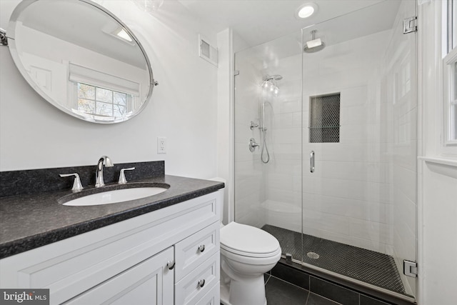 full bath with visible vents, vanity, tile patterned flooring, toilet, and a shower stall