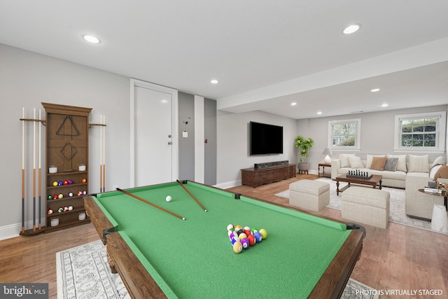 game room with wood finished floors, recessed lighting, baseboards, and pool table