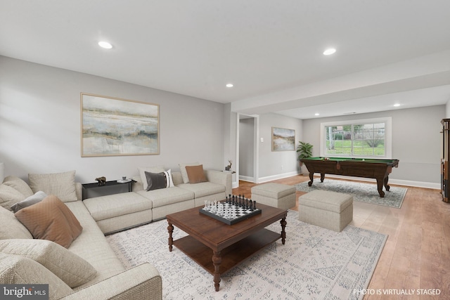 living area featuring billiards, baseboards, recessed lighting, and light wood-style flooring