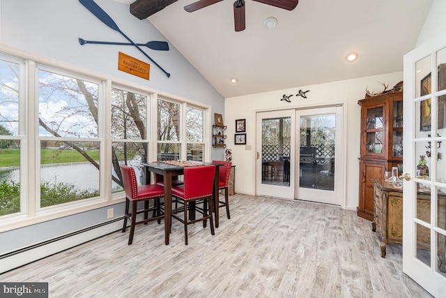 sunroom / solarium featuring a water view, a baseboard radiator, and beam ceiling