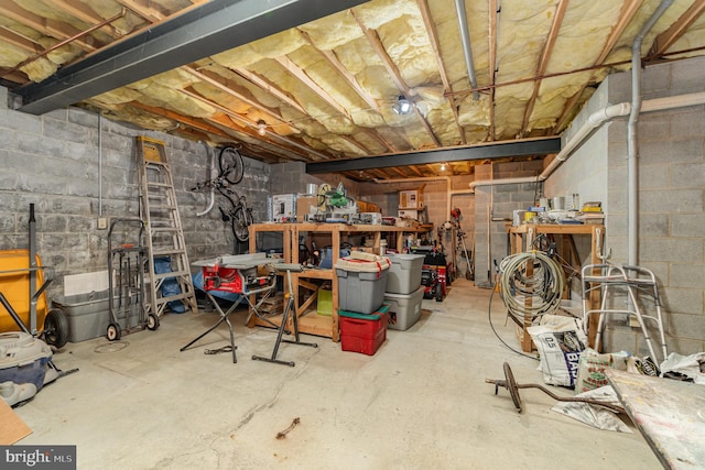 unfinished below grade area featuring a workshop area