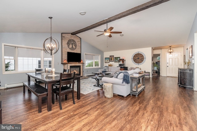dining room featuring lofted ceiling with beams, wood finished floors, ceiling fan with notable chandelier, and a baseboard radiator