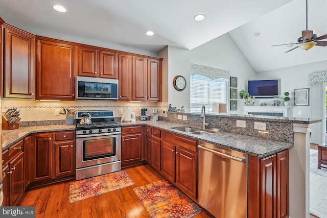 44451 Cruden Bay Dr, Ashburn, VA 20147 - kitchen with ceiling fan, appliances with stainless steel finishes, a sink, a peninsula, and lofted ceiling