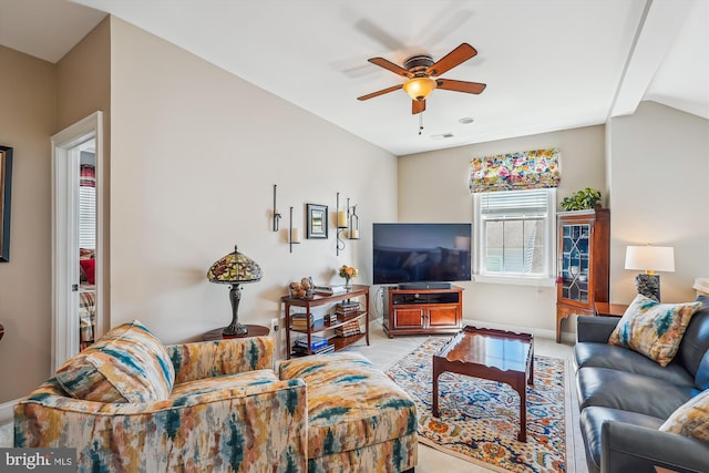 44451 Cruden Bay Dr, Ashburn, VA 20147 - carpeted living room featuring baseboards, a ceiling fan, lofted ceiling, and visible vents