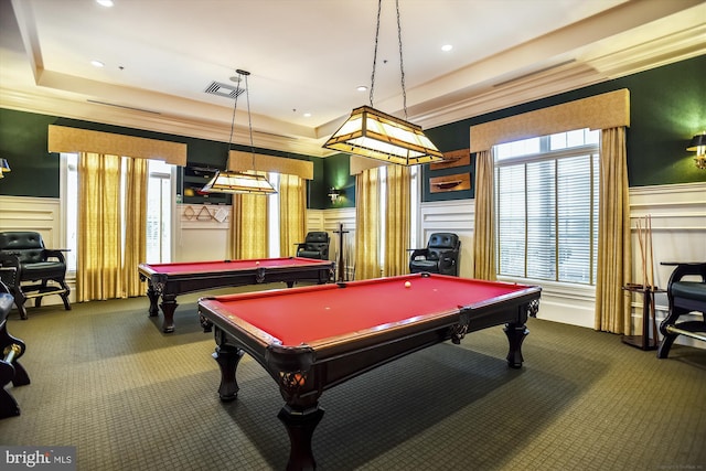 44451 Cruden Bay Dr, Ashburn, VA 20147 - recreation room featuring carpet flooring, pool table, a tray ceiling, and a wainscoted wall