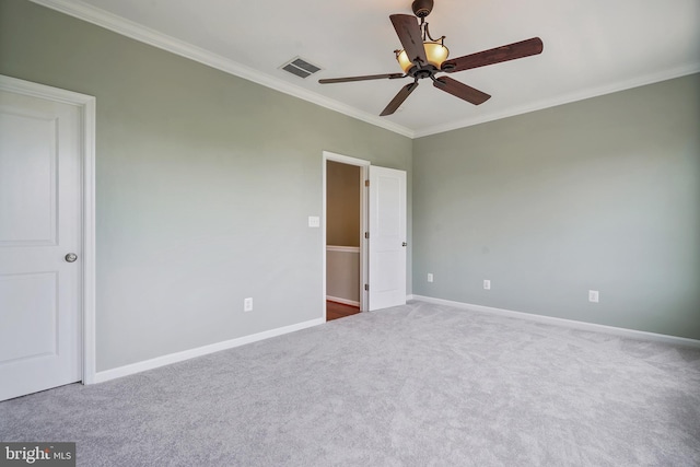 22788 Sagamore Sq, Brambleton, VA 20148 - unfurnished bedroom with ornamental molding, visible vents, carpet flooring, a ceiling fan, and baseboards