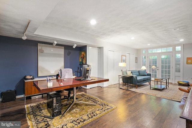 office with french doors, recessed lighting, and wood finished floors