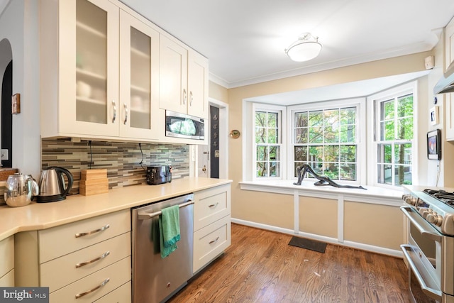 kitchen with light countertops, decorative backsplash, a healthy amount of sunlight, and stainless steel appliances