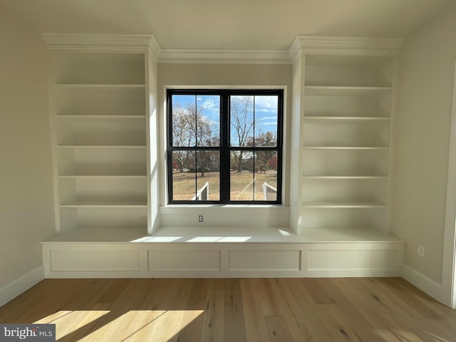 interior details with baseboards, built in shelves, and wood finished floors