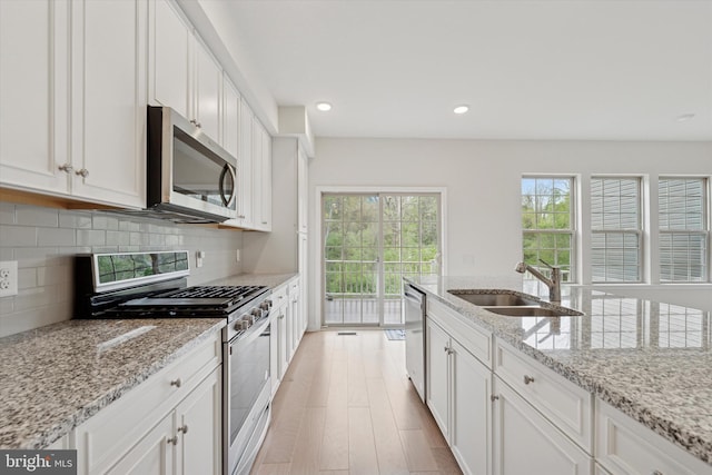 kitchen featuring stainless steel appliances, decorative backsplash, a sink, and white cabinetry