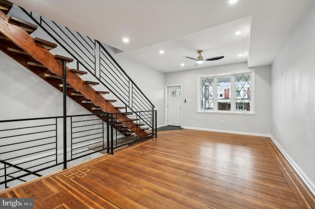 1724 N 62nd St, Philadelphia, PA 19151 - foyer with a ceiling fan, wood finished floors, baseboards, recessed lighting, and stairway