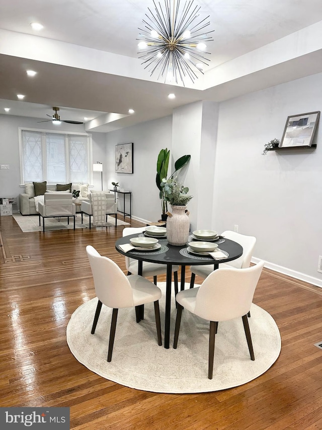 1724 N 62nd St, Philadelphia, PA 19151 - dining room featuring baseboards, hardwood / wood-style floors, a chandelier, recessed lighting, and a ceiling fan