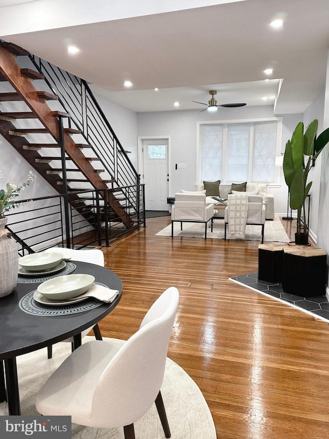 1724 N 62nd St, Philadelphia, PA 19151 - living room with wood finished floors, ceiling fan, stairs, recessed lighting, and baseboards