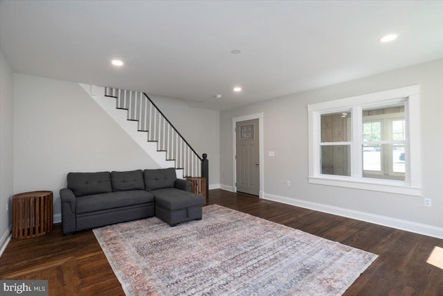 223 Henry St, Cambridge, MD 21613 - living area with recessed lighting, baseboards, dark wood-style flooring, and stairs
