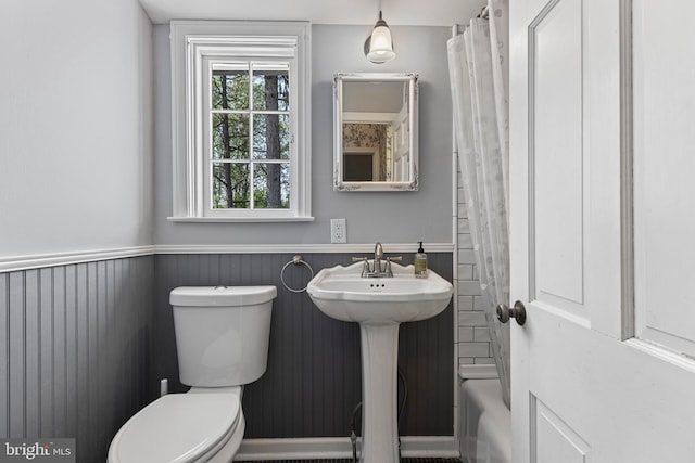 bathroom featuring toilet, a wainscoted wall, and a sink