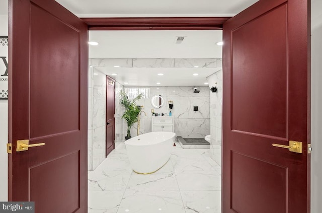 full bathroom with vanity, visible vents, a shower stall, and marble finish floor