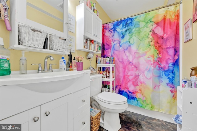 bathroom featuring toilet, a shower with shower curtain, and vanity