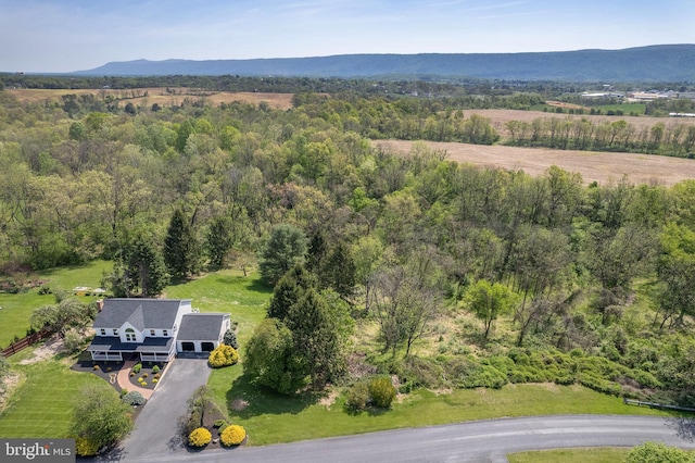 bird's eye view with a mountain view and a wooded view