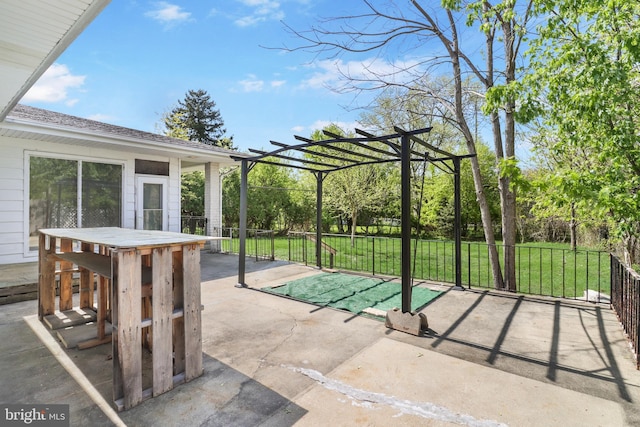 view of patio with fence, a pergola, and outdoor dining space