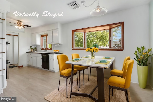 kitchen featuring visible vents, a ceiling fan, white cabinetry, a sink, and dishwasher