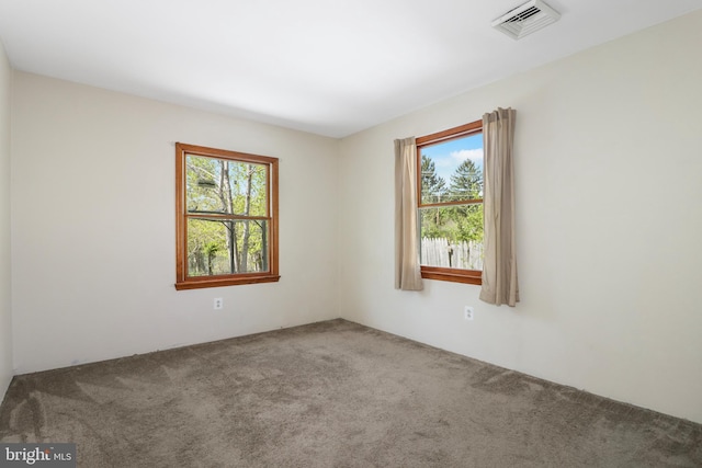 unfurnished room with carpet floors, a wealth of natural light, and visible vents