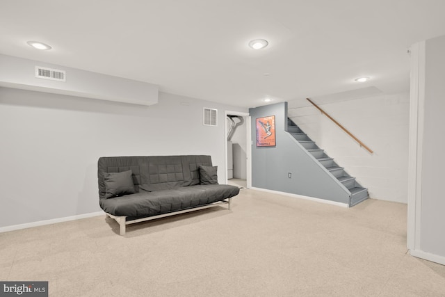 sitting room featuring stairway, carpet flooring, recessed lighting, and visible vents