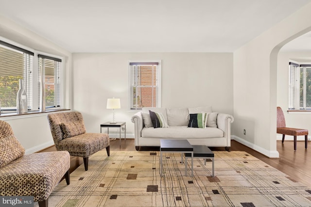 living area with baseboards, arched walkways, and wood finished floors