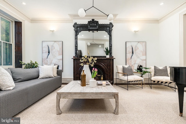 living area with crown molding, recessed lighting, baseboards, and carpet floors