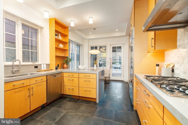 kitchen with a sink, stainless steel appliances, a peninsula, a healthy amount of sunlight, and under cabinet range hood