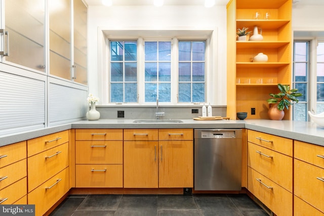 kitchen featuring stainless steel dishwasher, a sink, open shelves, and light countertops