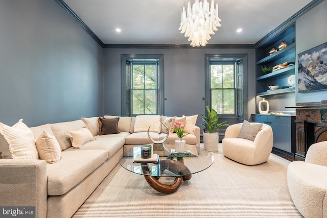 living room featuring recessed lighting, ornamental molding, and built in shelves