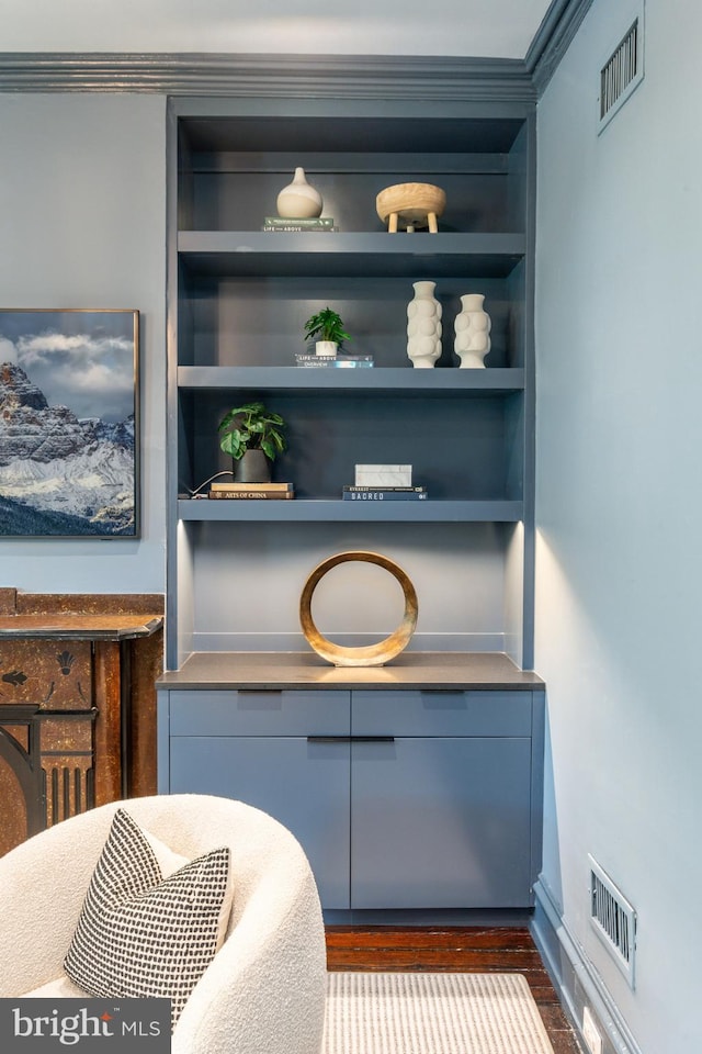 room details with baseboards, visible vents, and built in features