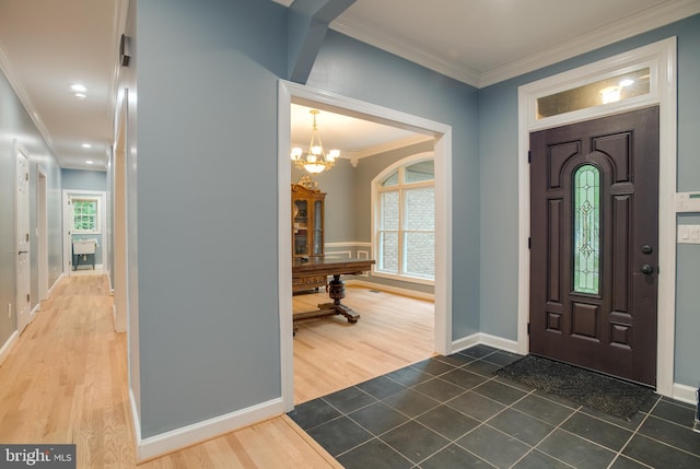 12868 Paddle Wheel Ct, Manassas, VA 20112 - tiled foyer entrance featuring ornamental molding, a chandelier, baseboards, and recessed lighting