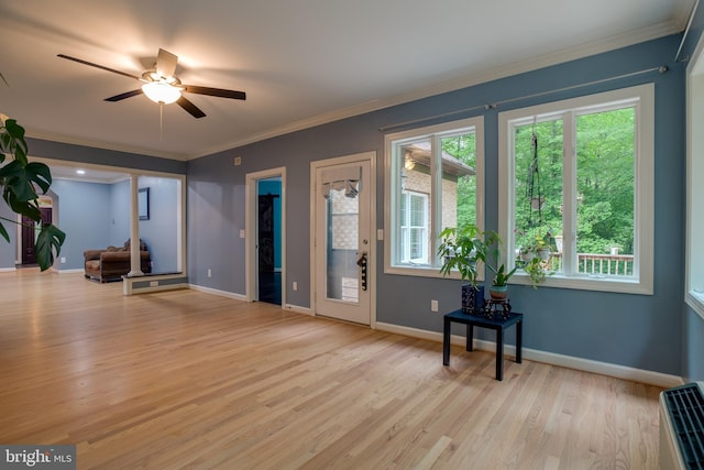 12868 Paddle Wheel Ct, Manassas, VA 20112 - foyer with healthy amount of natural light, light wood-style flooring, ceiling fan, baseboards, and ornamental molding