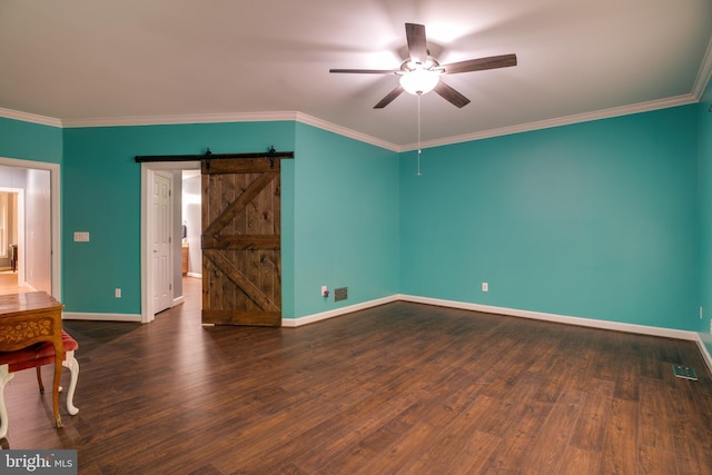 12868 Paddle Wheel Ct, Manassas, VA 20112 - empty room featuring a barn door, ceiling fan, baseboards, wood finished floors, and crown molding