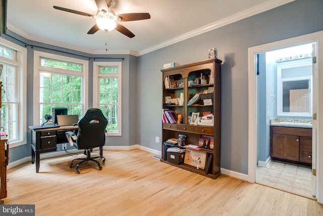 12868 Paddle Wheel Ct, Manassas, VA 20112 - home office with a sink, crown molding, ceiling fan, light wood finished floors, and baseboards