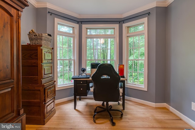 12868 Paddle Wheel Ct, Manassas, VA 20112 - office area featuring light wood-type flooring, baseboards, and crown molding