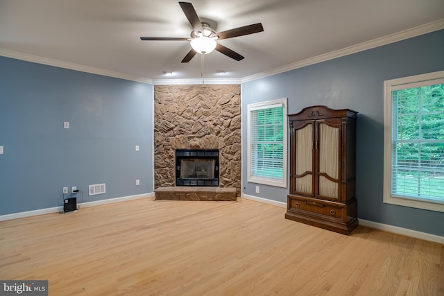 12868 Paddle Wheel Ct, Manassas, VA 20112 - unfurnished living room with ceiling fan, wood finished floors, ornamental molding, a fireplace, and baseboards