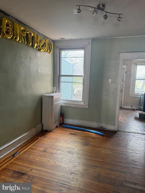 empty room featuring rail lighting and hardwood / wood-style floors